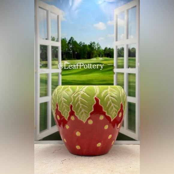 Strawberry (LG) Handcrafted Red/Green/Yellow Ceramic Planter Pot - Picture 5 of 9